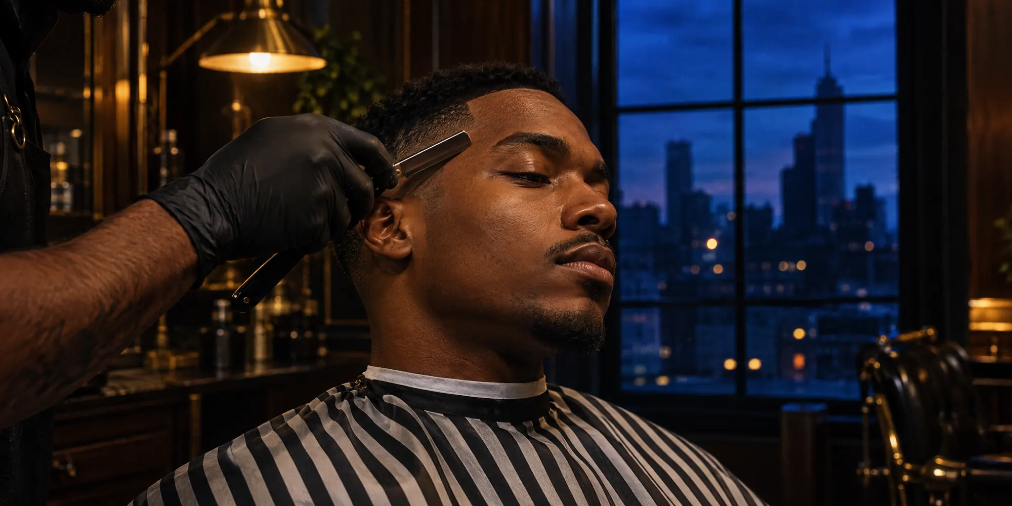 A barber in a black glove shaping a client's line-up with a straight razor, the Chicago skyline blue in the window